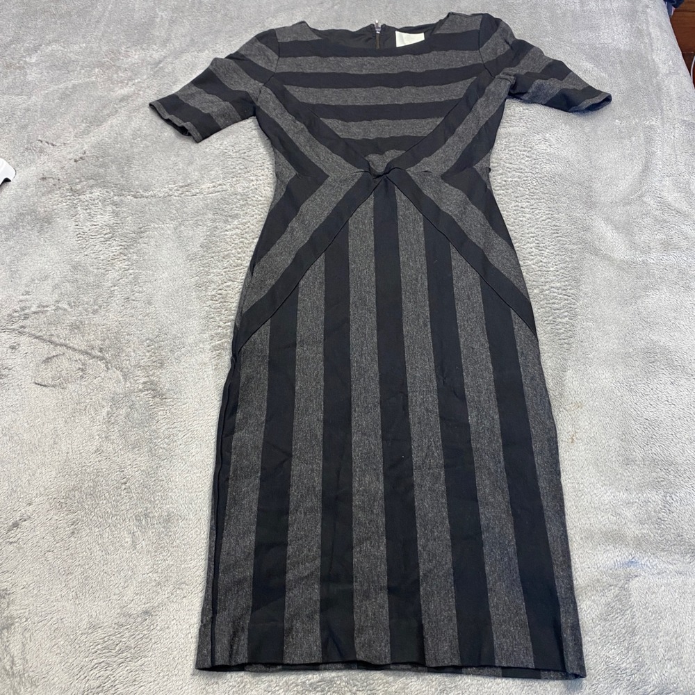 Maeve Sheath Dress Womens 4 Black Grey Striped Twist Waist Short Sleeve Midi